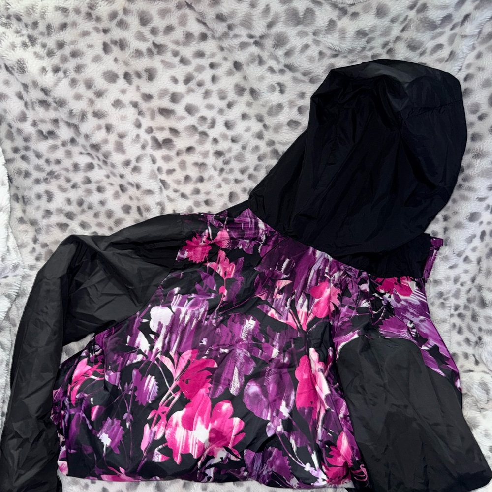 Woman Within Black and Purple Floral Jacket